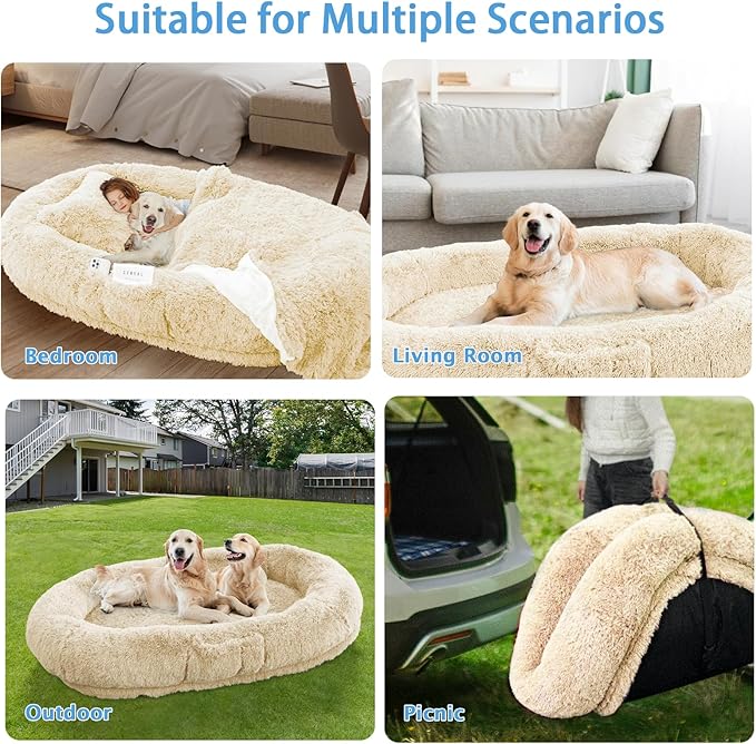Human Dog Bed, 71''x45''x12'' Size Fits People and Pet 10 CM Thick Memory Foam Washable Adult Large Bed Giant Oversize Foldable Dog Bed with Plump Pillow, Blanket, Strap - Beige