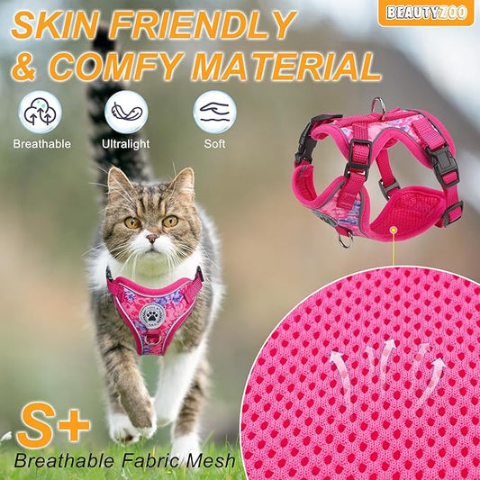 BEAUTYZOO Cat Harness and Leash for Walking, Escape Proof Soft Adjustable Vest Harnesses for Medium Large Cats, Easy Control Breathable Reflective Strips Jacket, Rose, M