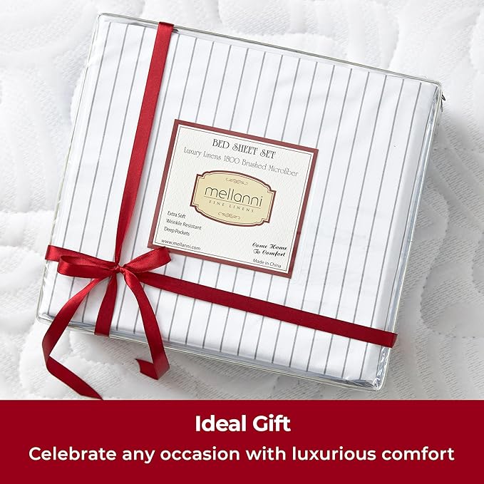 Mellanni Twin XL Sheets Set - 3 PC Iconic Collection Bedding - Hotel Luxury, Extra Soft, Cooling Bed Sheets - Wrinkle, Fade, Stain Resistant (Twin Extra Long, Pinstripe Gray)
