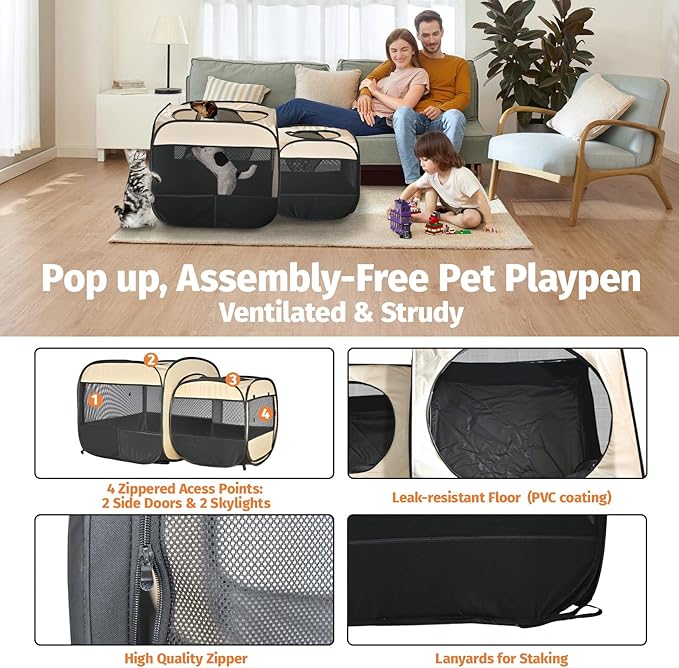 EighteenTekยฎ 2-in-1 Portable Cat Playpen(End Doors), Pop up Kitten Playpen, Assembly-Free, Pet Tent Crates Kennel Cage Enclosure for Dog Puppy Indoor Outdoor(Beige)(No Divider, Unified Space)