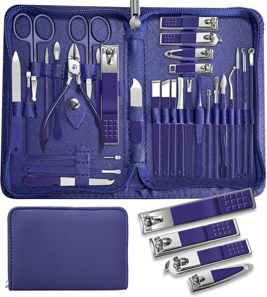 30Pcs Manicure Pedicure Kit,Nail Clippers Kit Professional and Stainless Steel Nail Care Tools,Toenail Clipper Cutters Men's Accessories Whit Beauty Tools Luxurious Travel Case (Blue)