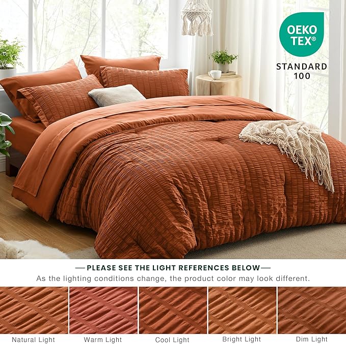 Love's cabin Seersucker Terracotta Twin XL Comforter Set, 5-Piece All Season Lightweight Bed in a Bag Bedding Set with Comforter, Flat Sheet, Fitted Sheet, Pillowcase and Sham | Soft, Breathable, Lightweight