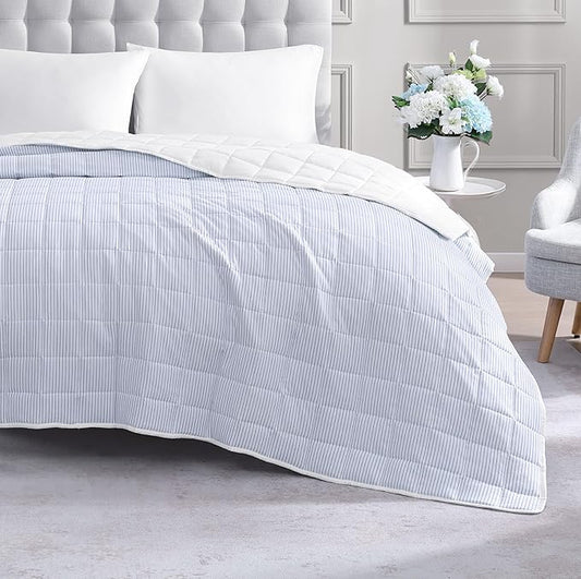 Casa Platino Bed Blanket Full Size - Pre Washed - Soft & Lightweight Blankets - All Season - Premium Reversible Down Alternative Blanket - Ticking Stripe Blue, White