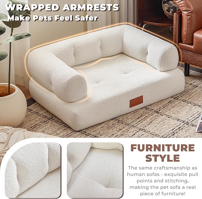 White Faux Shearling Dog Couch Bed for Large Dogs Under 70 lbs, 33.9 Inch Modern Tufted Elevated Dog Sofa with Leather Nameplate, Indoor Furniture Style Cute Raised Pet Sofa Bed (Large)