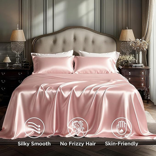 Bedsure Pink Satin Sheets Full Size - 4 Piece Silky Bedsheets with 15 Inches Deep Pocket Fitted Bedsheet,1 Flat Sheet, 2 Satin Pillowcases, Good for Hair & Skin (Full, Peach Pink)