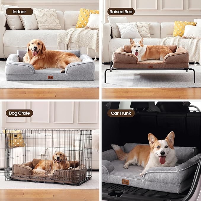 Orthopedic Dog Beds for Large Dogs, Waterproof XL Pet Couch Bed with Soft Sides, Washable Dog Sofa with Flannel Removable Cover, 42" L Supportive Egg-Crate Foam Pet Sofa, Light Grey