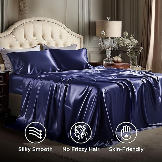 Bedsure Satin Sheets Queen Size - 4 Piece Silky Bedsheets with Elastic Corner Straps and 15 Inches Deep Pocket Fitted Bedsheet,1 Flat Sheet, 2 Satin Pillowcases, Good for Hair & Skin (Queen, Navy)