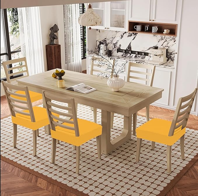 Smiry Waterproof Seat Covers for Dining Room Chairs Set of 2, Stretch Jacquard Removable Washable Chair Seat Slipcovers Protector, No Rear Covers, Mustard Yellow