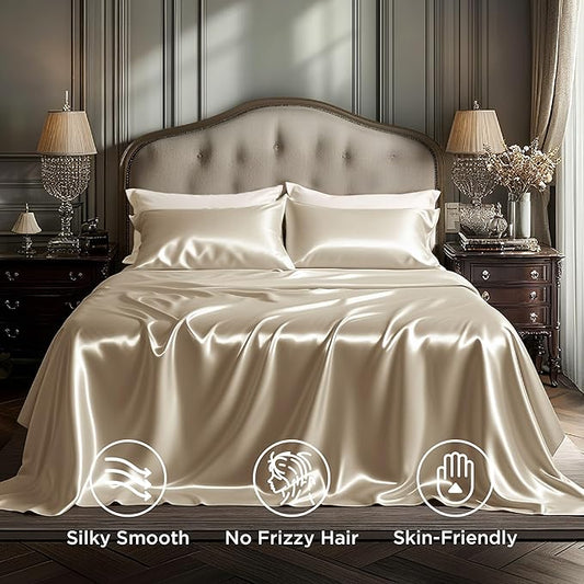 Bedsure Satin Sheets Full Size - 4 Piece Silky Bedsheets with 15 Inches Deep Pocket Fitted Bedsheet,1 Flat Sheet, 2 Satin Pillowcases, Good for Hair & Skin (Full, Champagne)