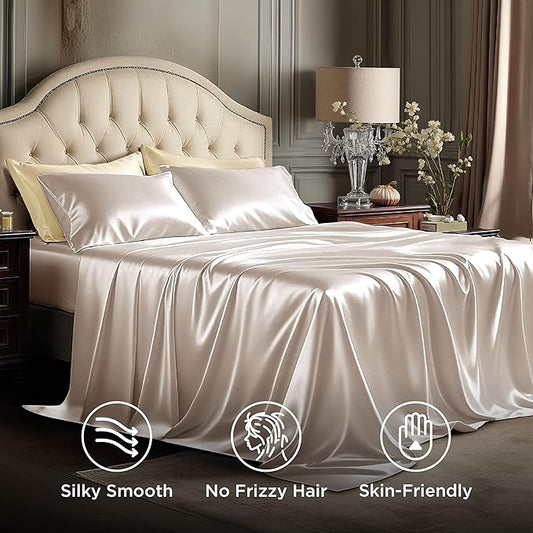 Bedsure Satin Sheets Queen Size - 4 Piece Silky Bedsheets with Elastic Corner Straps and 15 Inches Deep Pocket Fitted Bedsheet,1 Flat Sheet, 2 Satin Pillowcases, Good for Hair & Skin (Queen, Beige)