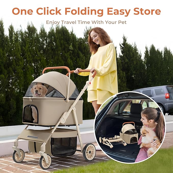 Dog Cat Stroller for Small/Medium Pets up to 55 Lbs, 3-in-1 Foldable Pet Stroller with Detachable Carrier, 4 Wheels, Adjustable Height, Single Foot Brake, Pet Strollers for Travel Outdoor