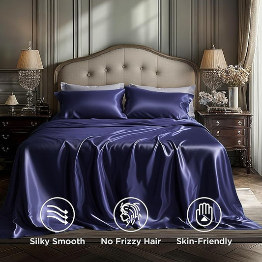 Bedsure Satin Sheets King Size - 4 Piece Silky Bedsheets with Elastic Corner Straps and 15 Inches Deep Pocket Fitted Bedsheet,1 Flat Sheet, 2 Satin Pillowcases, Good for Hair & Skin (King, Navy)