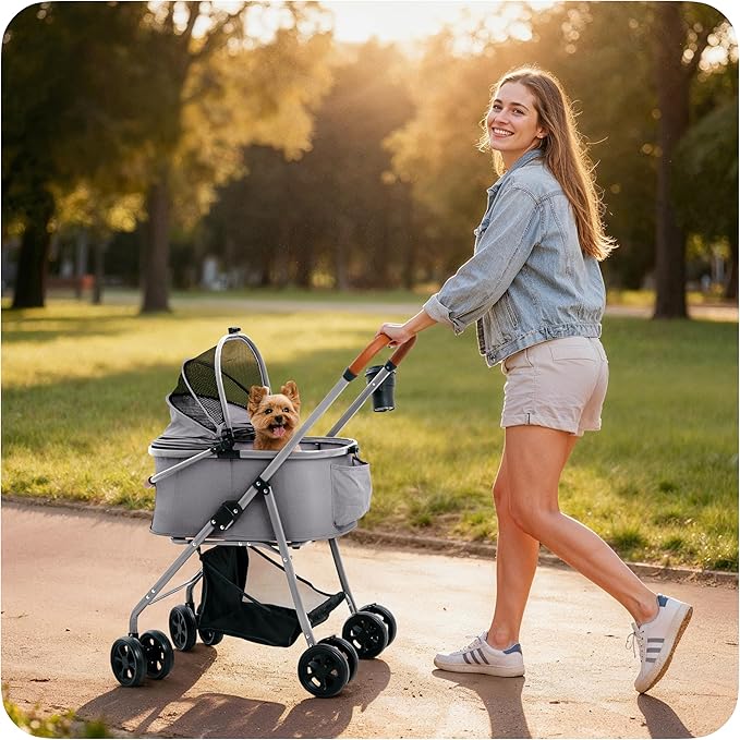 Pet Stroller for Small Medium Dogs & Cats ā 2-in-1 Detachable Carrier, Zipperless Entry, Lightweight Folding Travel Stroller with Storage Basket, Cup Holder, Gray