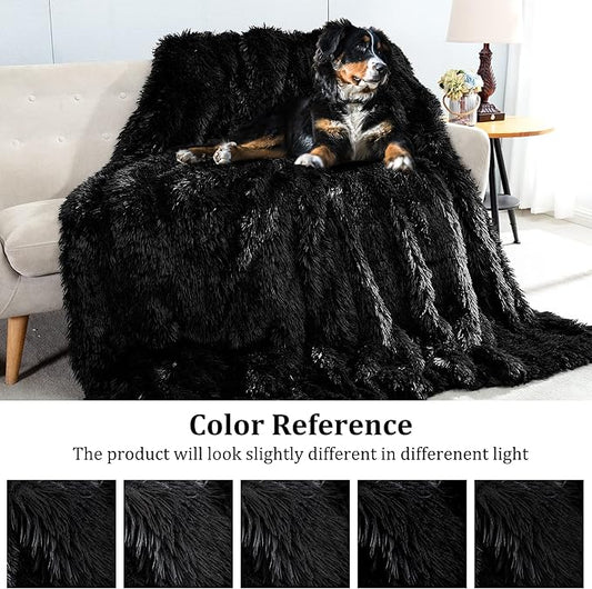 JONIYEAR Extra Large Decorative Fluffy Faux Fur Blanket Queen Size 80" x 90", Soft Luxury Lightweight Furry Blankets, Solid Cozy Shaggy Plush Thick Warm Fuzzy Blankets for Winter Bed Couch, Black