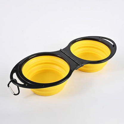 2-in-1 Collapsible Dog Bowls Foldable Pet Food & Water Bowl Silicone Feeding Dish for Traveling,Camping,Walking,Hiking (Yellow)