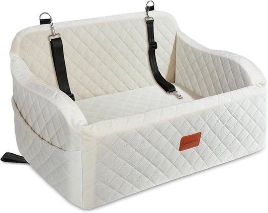 Lealchum Dog Car Seat for Medium/Large Dogs,2 Clip-On Safety Leashs for 2 Small Dogs,Removable and Washable Comfy Pet Car Seat,Easy to Install and Clean (Beige, Large)