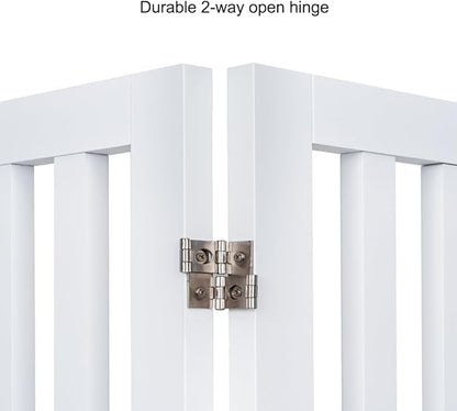 unipaws 24”H Free Standing Pet Gate for Dog Cat, Wooden Dog Gates for Doorway, Stairs, Step Over Foldable Pet Fence for The House, Expandable Doggy Barrier, Indoor Use, White