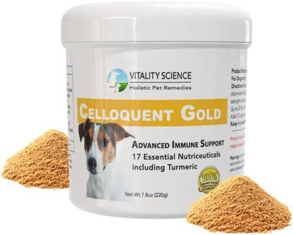 Vitality Science Celloquent Gold for Dogs | Holistic Advanced Immune Support Supplement | 17 Proven Ingredients | Auto Immune, Vomiting and Diarrhea, Depression (220g)