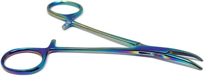 HTI Dog CAT PET Hair Puller Remover Stainless Steel Hemostat Locking Forceps 5.5" Curved Full Serrated (Multicolor)