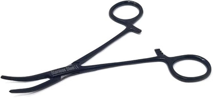 HTI Dog CAT PET Hair Puller Remover Stainless Steel Hemostat Locking Forceps 5.5" Curved Full Serrated (Black)