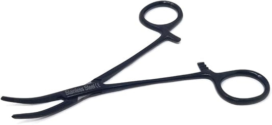 HTI Dog CAT PET Hair Puller Remover Stainless Steel Hemostat Locking Forceps 5.5" Curved Full Serrated (Black)