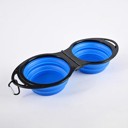 2-in-1 Collapsible Dog Bowls Foldable Pet Food & Water Bowl Silicone Feeding Dish for Traveling,Camping,Walking,Hiking (Blue)