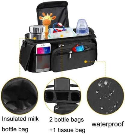 Universal Stroller Organizer with Insulated Cup Holder Detachable Phone Bag and Carry Strap Fits Uppababy, Baby Jogger, Britax, BOB, Umbrella and Pet Stroller and more (Black)