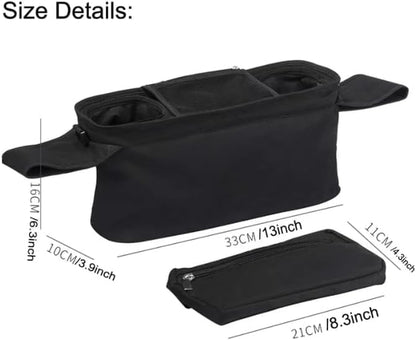 Universal Stroller Organizer with Insulated Cup Holder Detachable Phone Bag and Carry Strap Fits Uppababy, Baby Jogger, Britax, BOB, Umbrella and Pet Stroller and more (Black)