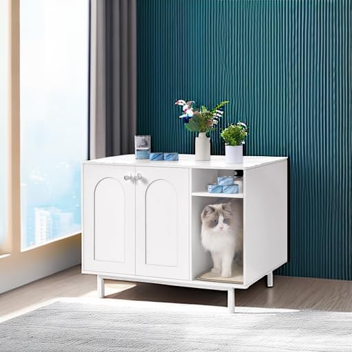 Hzuaneri Cat Litter Box Enclosure Enclosed, Hidden Litter Box Cabinet Furniture with Storage, Wooden Indoor Cat House Large, Modern End Table for Living Room Entryway, White CB01513W