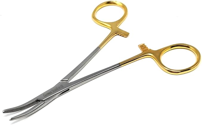 HTI Dog CAT PET Hair Puller Remover Stainless Steel Hemostat Locking Forceps 5.5" Curved Full Serrated (Gold Handle)