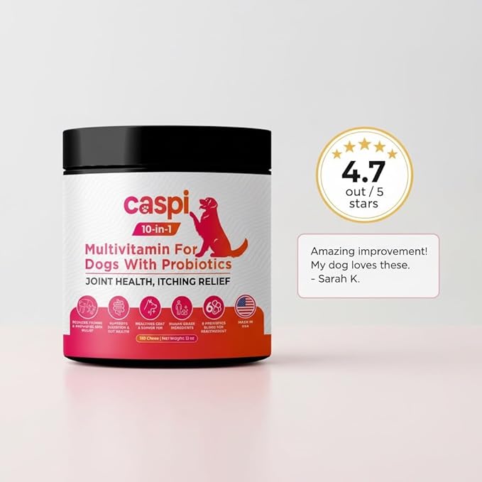 Caspi 10-in-1 Dog Multivitamin with Probiotics – Joint Health, Itching & Skin Relief, Omega-3 Salmon Oil, Glucosamine, Vitamins & Minerals – Daily Chew Supplement for Dogs – 160 Soft Chews