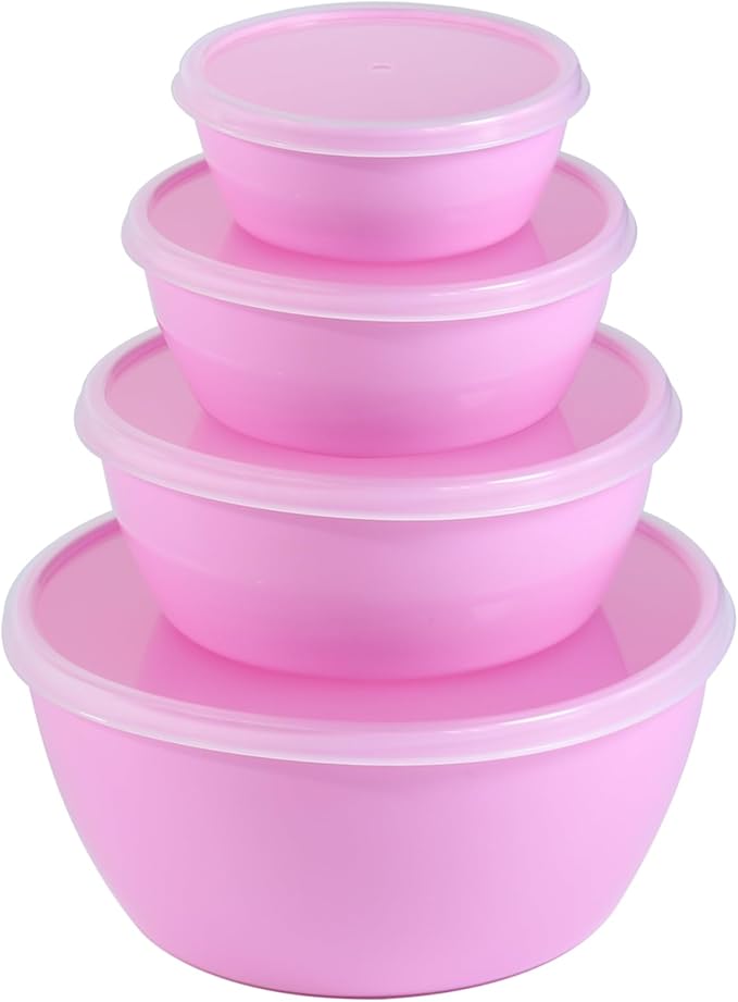 Set of 4 Plastic Prep Bowls with Lids，Microwave and Dishwasher Safe,Ideal for Baking, Prepping, Cooking and Serving Food (Pink)