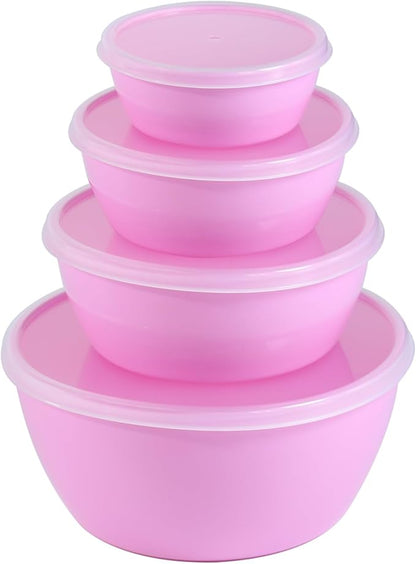 Set of 4 Plastic Prep Bowls with Lids，Microwave and Dishwasher Safe,Ideal for Baking, Prepping, Cooking and Serving Food (Pink)