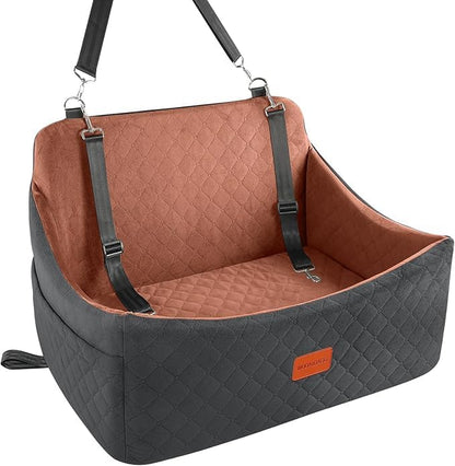 Wooaidagg Dog Car Seat for Medium & Large Dogs Up to 55lbs, Memory Foam Cushion, Washable Cover, Safety Straps & Non-Slip Bottom(Black/Brown,Large)