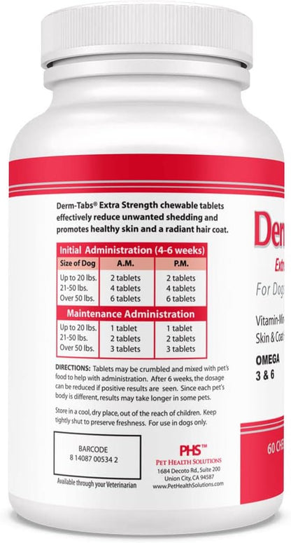 Pet Health Solutions Derm Tabs Extra Strength for Dogs - Natural Oil, Vitamins, Minerals, and Antioxidants - Support Healthy Skin and Reduce Shedding - 360 Chewable Tablets
