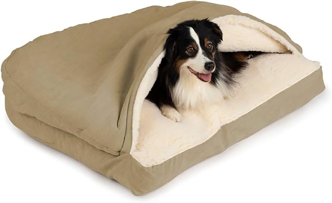 Snoozer Rectangle Cozy Cave Dog Bed - Indoor Dog Bed with Cover Cave, Covered Calming Burrow for Small Sized Pets with Blanket Attached, Enclosed, Washable Cover - Small, Khaki