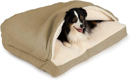 Snoozer Rectangle Cozy Cave Dog Bed - Indoor Dog Bed with Cover Cave, Covered Calming Burrow for Medium & Large Sized Pets with Blanket Attached, Enclosed, Washable Cover - Large, Khaki