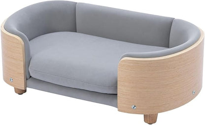 Velvet Dog Bed Pet Sofa with Solid Wood Legs and Bent Wood Back, Stain-Resistant Cushion in Multiple Colors - Luxury Pet Furniture for Cats and Dogs, Light Grey