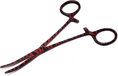 Dog Pet Ear/Nose Hair Puller Grooming Hemostat Locking Forceps Curved Pliers, 5.5" (14cm) Full Serrated Clamps Stainless Steel (Red Candy Swirls)