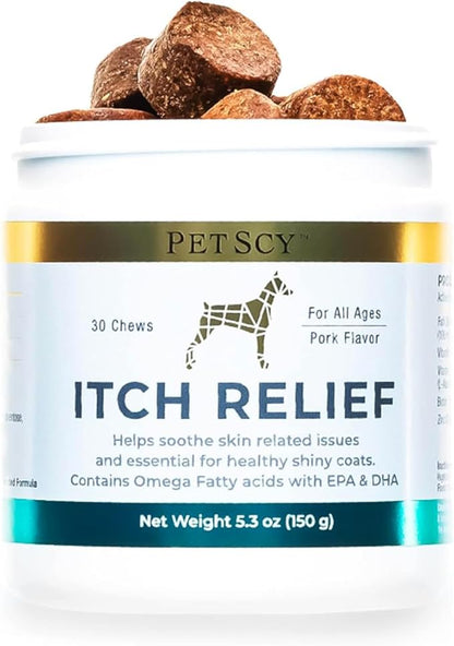 PetScy - Dog Itch Relief with Fatty Acids, EPA, DHA, & Omega, Nutritional Support, Chews for All Ages, Pork Flavor, 30 Chews (Pack of 3)