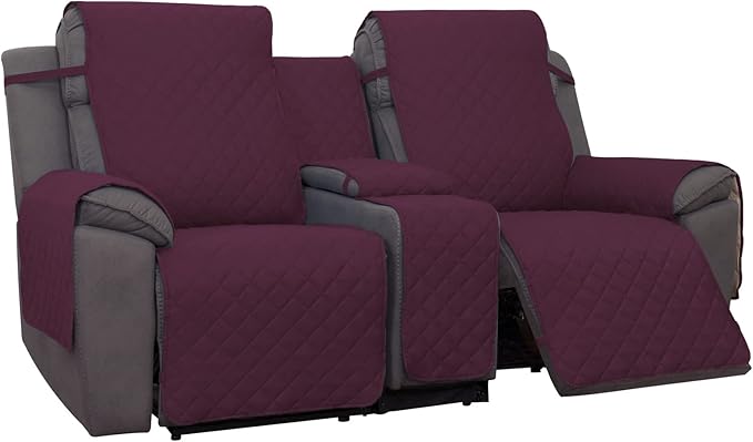 PureFit Water Resistant Reversible Loveseat Recliner Couch Cover for Double Recliner with Console – Non Slip Split Sofa Cover, Washable Reclining Cover for 2 Seat Recliner (2 Seat, Wine/Beige)