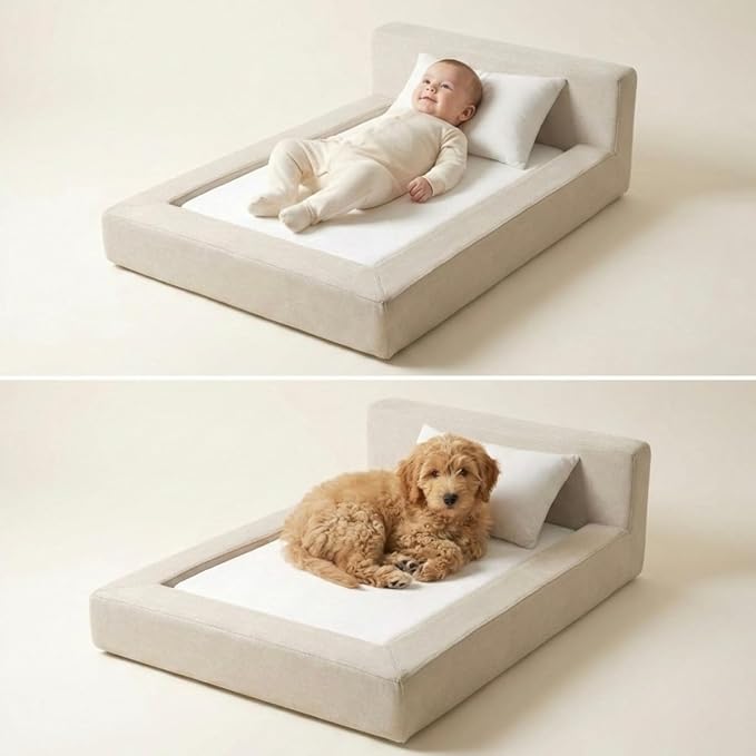 Mini Cloud Bed - Removable and Washable Covers - Toddler Baby Pet Dog Cat Nursery - Upholstered Minimalist Modern Luxury (Waterproof Cream, Large)