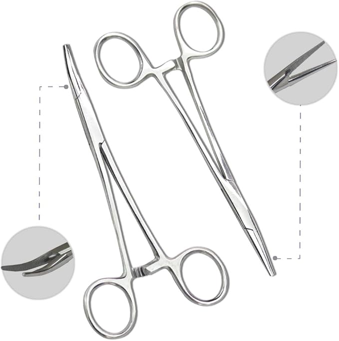 Pets ears/nose hair Puller Straight & Curved full serrated, stainless steel Home Hemostat Locking Forceps, Professional pet grooming tool for cats & dogs 2pcs set