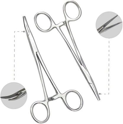 Pets ears/nose hair Puller Straight & Curved full serrated, stainless steel Home Hemostat Locking Forceps, Professional pet grooming tool for cats & dogs 2pcs set
