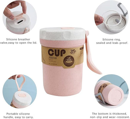 LZYMSZ 2PCS Wheat Straw Soup Cup, 300ml Portable Microwaveable Breakfast Cup, 2 Colors Porridge Lunch Box with Spoon for Office Outdoor Travel (Blue and Pink)