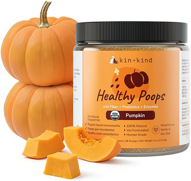 kin+kind Healthy Poops - Organic Pumpkin Powder for Dogs and Cats - Digestive and Probiotic Support w/Prebiotics & Fiber Powder - Cat & Dog Vitamins and Supplements for Sensitive Stomach - 4 oz