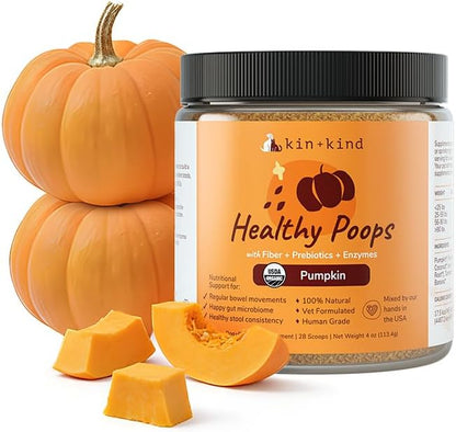 kin+kind Healthy Poops - Organic Pumpkin Powder for Dogs and Cats - Digestive and Probiotic Support w/Prebiotics & Fiber Powder - Cat & Dog Vitamins and Supplements for Sensitive Stomach - 4 oz
