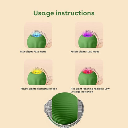 Interactive Cat Toy Ball, Automatic Intercative Cat Toys for Indoor Cats, The 3rd Generation Agile Moving Cat Ball with Elastic Mesh Tail, Toys for Indoor Adult Cats, Motion Activated (Green)