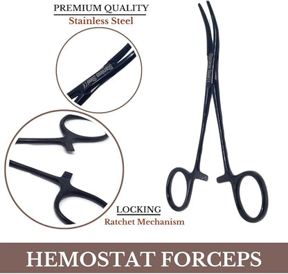 HTI Dog CAT PET Hair Puller Remover Stainless Steel Hemostat Locking Forceps 5.5" Curved Full Serrated (Black)
