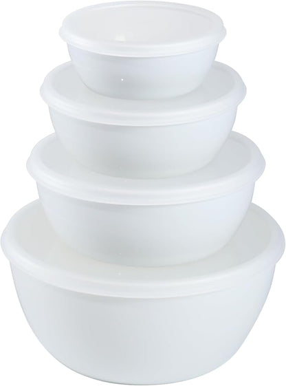 Set of 4 Plastic Prep Bowls with Lids，Microwave and Dishwasher Safe,Ideal for Baking, Prepping, Cooking and Serving Food (White)